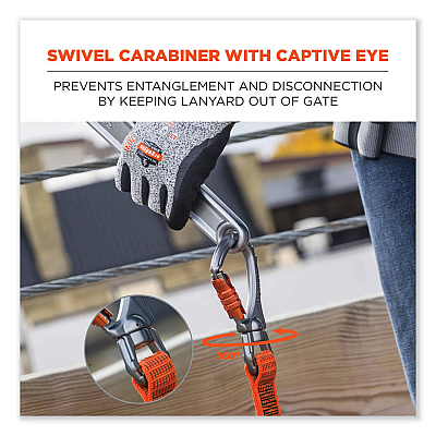 ergodyne Squids 3149 Tool Lanyard with XL + Swivel Carabiners, 80 lb Max Work Capacity, 76" Long, Orange/Black (EGO19149)