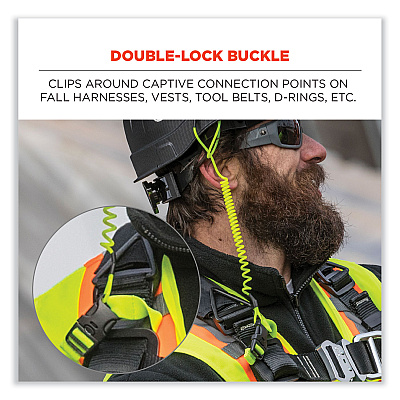 ergodyne Squids 3157 Coiled Lanyard with Buckle, 2 lb Max Working Capacity, 12" to 48" Long, Lime (EGO19157)