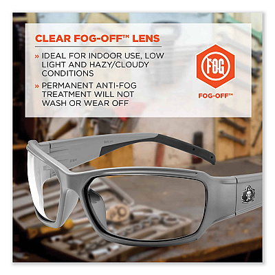 ergodyne Skullerz Thor Safety Glasses, Matte Gray Nylon Impact Frame, Anti-Fog Clear Polycarbonate Lens (EGO51103)