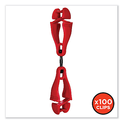ergodyne Squids 3420 Dual Clip Swivel Glove Clip Holder, 1 x 0.6 x 5.5, Acetal Copolymer, Red,100/Pack (EGO19513BULK)