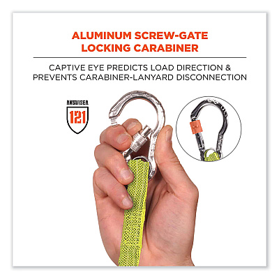 ergodyne Squids 3100 Lanyard with Aluminum Carabiner + Cinch-Loop, 10 lb Max Working Capacity, 42" to 54" Long, Lime (EGO19013)