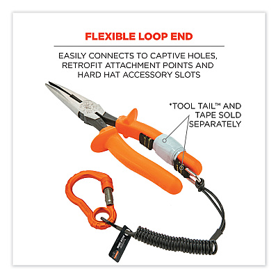 ergodyne Squids 3156 Coiled Tool Lanyard with Carabiner, 2 lb Max Work Capacity, 12" to 48", Black/Orange (EGO19161)