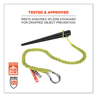 ergodyne Squids 3100 Lanyard with Aluminum Carabiner + Cinch-Loop, 10 lb Max Working Capacity, 42" to 54" Long, Lime (EGO19013)