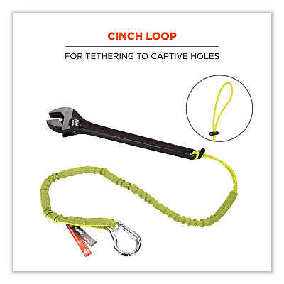 ergodyne Squids 3100 Lanyard with Aluminum Carabiner + Cinch-Loop, 10 lb Max Working Capacity, 42" to 54" Long, Lime (EGO19013)