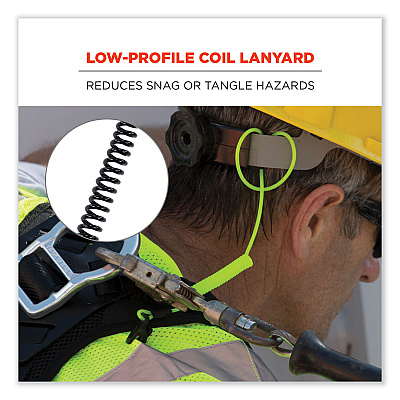ergodyne Squids 3158 Coiled Lanyard with Clamp, 2 lb Max Working Capacity, 12" to 48" Long, Black (EGO19158)