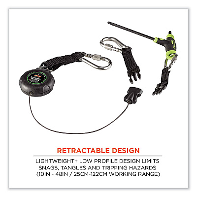 ergodyne Squids 3000 Retractable Tool Lanyard with Carabiner Anchor, 1 lb Working Capacity, 48" Long, Black (EGO19300)