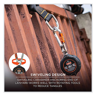 ergodyne Squids 3011 Retractable Lanyard with Tool + Swivel Anchor Carabiners, 8 lb Max Working Capacity, 48" Long, Black (EGO19311)
