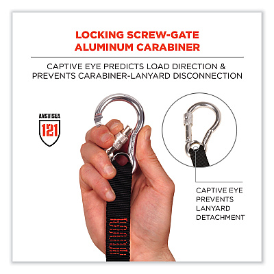 ergodyne Squids 3105 Tool Lanyard with Aluminum Carabiner + Cinch-Loop, 15 lb Max Working Capacity, 32" to 48" Long, Black, 10/Pack (EGO19010)