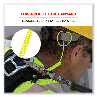 ergodyne Squids 3158 Coiled Lanyard with Clamp, 2 lb Max Working Capacity, 12" to 48" Long, Lime (EGO19159)