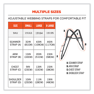 ergodyne Squids 3132 Barcode Scanner Lanyard Harness, Large: 20" Arm Strap, 43" Long Lanyard Strap, Black (EGO19164)