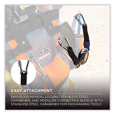 ergodyne Squids 3000 Retractable Tool Lanyard with Carabiner Anchor, 1 lb Working Capacity, 48" Long, Black (EGO19300)