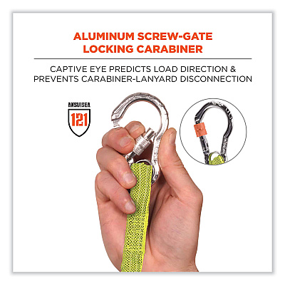 ergodyne Squids 3100 Lanyard with Aluminum Carabiner + Cinch-Loop, 10 lb Max Working Capacity, 35" to 45" Long, Lime (EGO19003)