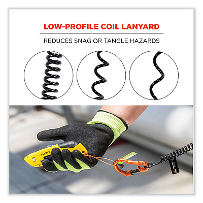 ergodyne Squids 3166 Coiled Tool Lanyard with Two Carabiners, 2 lb Max Working Capacity, 12" Long, Black (EGO19162)