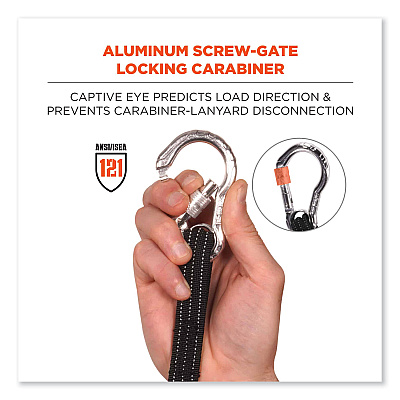 ergodyne Squids 3100 Lanyard with Aluminum Carabiner + Cinch-Loop, 10 lb Max Working Capacity, 42" to 54" Long, Black (EGO19012)