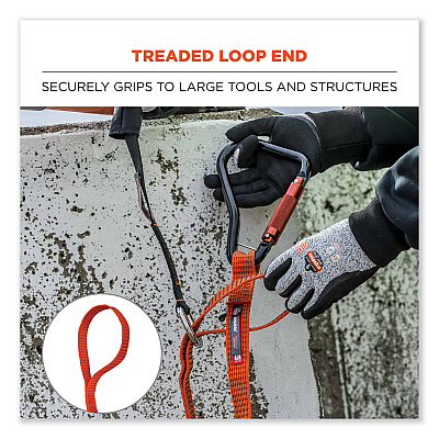 ergodyne Squids 3148 Tool Lanyard with XL Carabiner + Threaded Loop, 80 lb Max Working Capacity, 76" Long, Orange/Black (EGO19148)