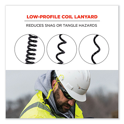 ergodyne Squids 3157 Coiled Lanyard with Buckle, 2 lb Max Working Capacity, 12" to 48" Long, Black (EGO19156)
