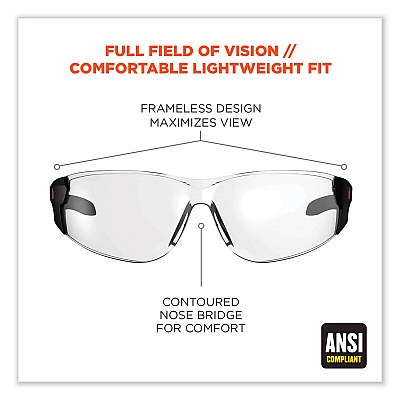 ergodyne Skullerz Saga Frameless Safety Glasses, Matte Black Nylon Impact Frame, Clear Polycarbonate Lens (EGO59100)