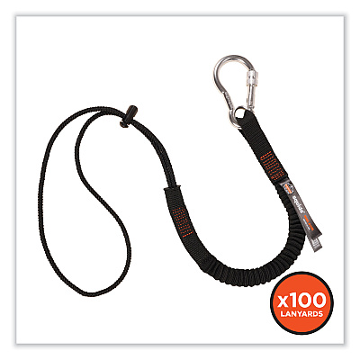 ergodyne Squids 3105 Tool Lanyard with Aluminum Carabiner + Cinch-Loop, 15 lb Max Working Capacity, 32" to 48", Black, 100/Pack (EGO19011)