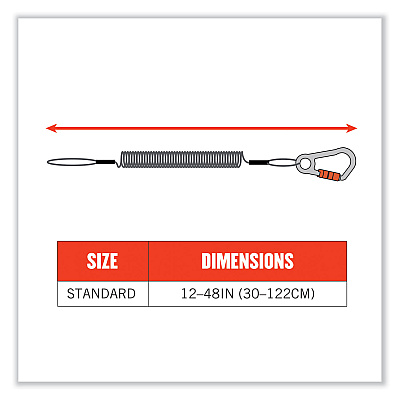 ergodyne Squids 3156 Coiled Tool Lanyard with Carabiner, 2 lb Max Work Capacity, 12" to 48", Black/Orange (EGO19161)
