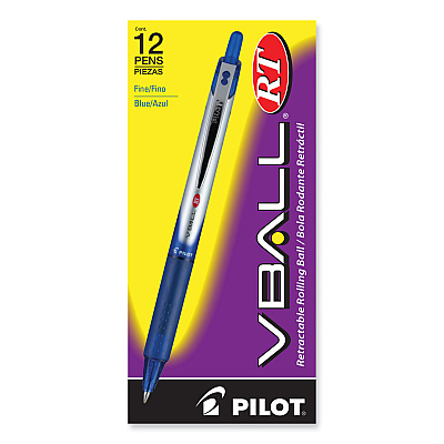 Pilot VBall RT Liquid Ink Roller Ball Pen, Retractable, Fine 0.7 mm, Blue Ink, Blue/White Barrel (PIL26207)