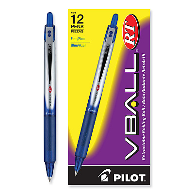 Pilot VBall RT Liquid Ink Roller Ball Pen, Retractable, Fine 0.7 mm, Blue Ink, Blue/White Barrel (PIL26207)