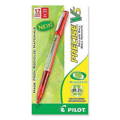 Pilot Precise V5 BeGreen Roller Ball Pen, Stick, Extra-Fine 0.5 mm, Red Ink, Red Barrel, Dozen (PIL26302)