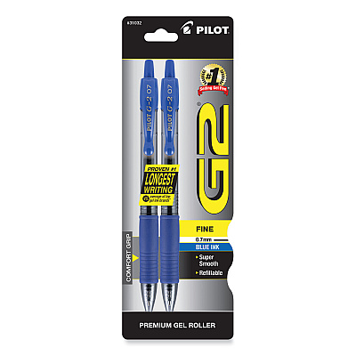 Pilot G2 Premium Gel Pen, Retractable, Fine 0.7 mm, Blue Ink, Smoke/Blue Barrel, 2/Pack (PIL31032)