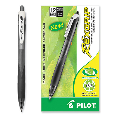 Pilot RexGrip BeGreen Ballpoint Pen, Retractable, Medium 1 mm, Black Ink, Smoke/Black Barrel, Dozen (PIL32370)