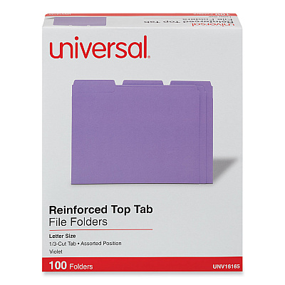Universal Reinforced Top-Tab File Folders, 1/3-Cut Tabs: Assorted, Letter Size, 1" Expansion, Violet, 100/Box (UNV16165)