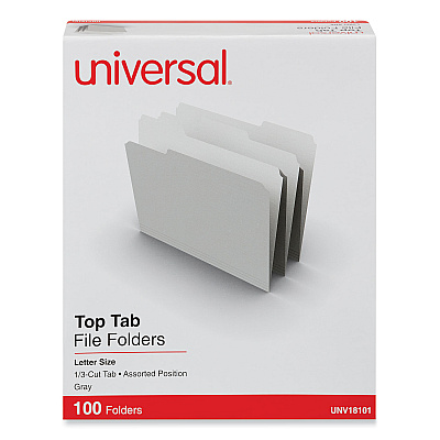 Universal Top Tab File Folders, 1/3-Cut Tabs: Assorted, Letter Size, 0.75" Expansion, Gray, 100/Box (UNV18101)