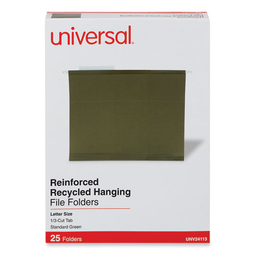 Universal Deluxe Reinforced Recycled Hanging File Folders, Letter Size, 1/3-Cut Tabs, Standard Green, 25/Box (24113)