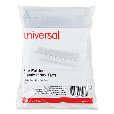 Universal Hanging File Folder Plastic Index Tabs, 1/3-Cut, Clear, 3.7" Wide, 50/Pack (UNV43314)