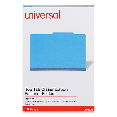 Universal Bright Colored Pressboard Classification Folders, 2" Expansion, 1 Divider, 4 Fasteners, Legal Size, Cobalt Blue, 10/Box (UNV10211)
