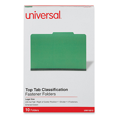 Universal Bright Colored Pressboard Classification Folders, 2" Expansion, 1 Divider, 4 Fasteners, Legal Size, Emerald Green, 10/Box (UNV10212)
