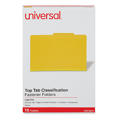 Universal Bright Colored Pressboard Classification Folders, 2" Expansion, 1 Divider, 4 Fasteners, Legal Size, Yellow Exterior, 10/Box (UNV10214)