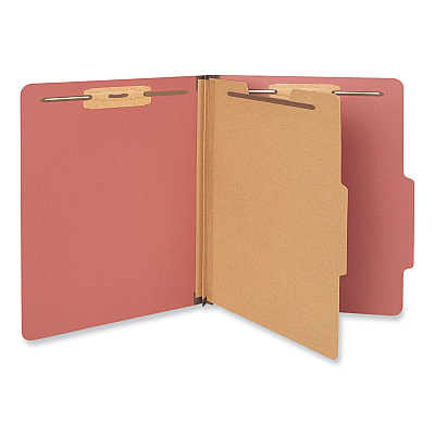 Universal Four-Section Pressboard Classification Folders, 2" Expansion, 1 Divider, 4 Fasteners, Letter Size, Red Exterior, 10/Box (UNV10250)