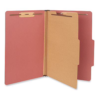 Universal Four-Section Pressboard Classification Folders, 2" Expansion, 1 Divider, 4 Fasteners, Legal Size, Red Exterior, 10/Box (UNV10260)