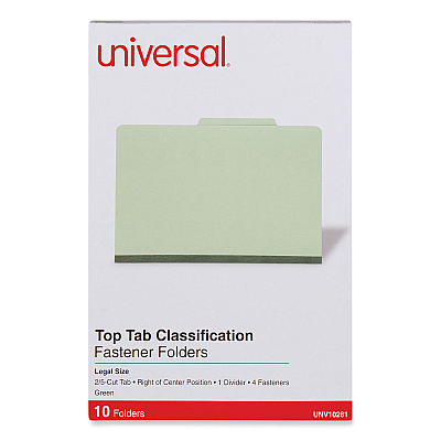 Universal Four-Section Pressboard Classification Folders, 2" Expansion, 1 Divider, 4 Fasteners, Legal Size, Green Exterior, 10/Box (UNV10261)