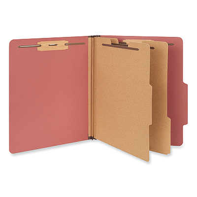 Universal Six-Section Pressboard Classification Folders, 2" Expansion, 2 Dividers, 6 Fasteners, Letter Size, Red Exterior, 10/Box (UNV10270)