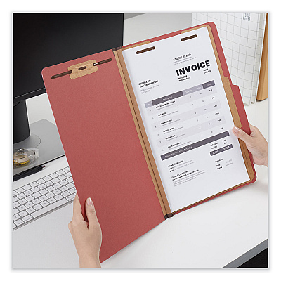 Universal Six-Section Pressboard Classification Folders, 2" Expansion, 2 Dividers, 6 Fasteners, Legal Size, Red Exterior, 10/Box (UNV10280)