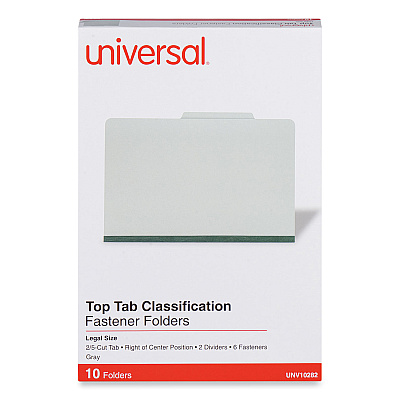 Universal Six-Section Pressboard Classification Folders, 2" Expansion, 2 Dividers, 6 Fasteners, Legal Size, Gray Exterior, 10/Box (UNV10282)