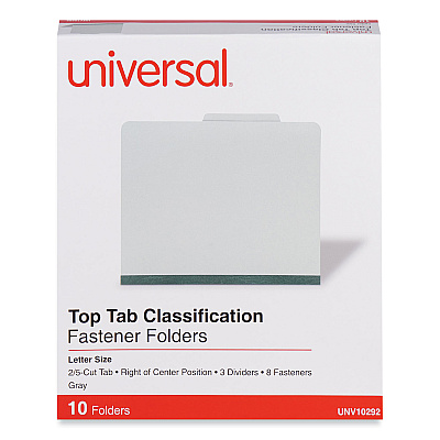 Universal Eight-Section Pressboard Classification Folders, 3" Expansion, 3 Dividers, 8 Fasteners, Letter Size, Gray Exterior, 10/Box (UNV10292)
