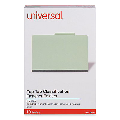 Universal Eight-Section Pressboard Classification Folders, 3" Expansion, 3 Dividers, 8 Fasteners, Legal Size, Green Exterior, 10/Box (UNV10296)
