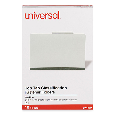 Universal Eight-Section Pressboard Classification Folders, 3" Expansion, 3 Dividers, 8 Fasteners, Legal Size, Gray Exterior, 10/Box (UNV10297)