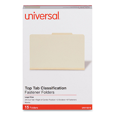 Universal Six-Section Classification Folders, 2" Expansion, 2 Dividers, 6 Fasteners, Legal Size, Manila Exterior, 15/Box (UNV10310)
