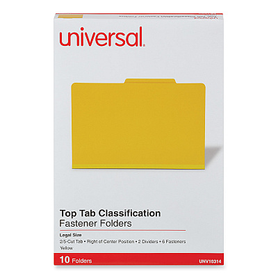 Universal Bright Colored Pressboard Classification Folders, 2" Expansion, 2 Dividers, 6 Fasteners, Legal Size, Yellow Exterior, 10/Box (UNV10314)