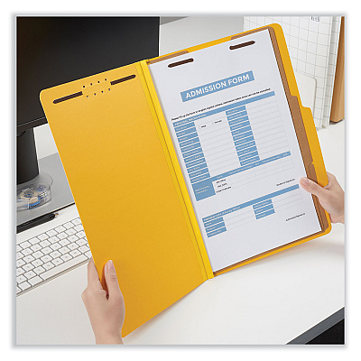Universal Bright Colored Pressboard Classification Folders, 2" Expansion, 2 Dividers, 6 Fasteners, Legal Size, Yellow Exterior, 10/Box (UNV10314)
