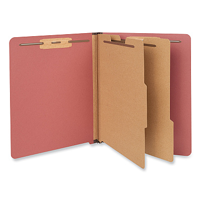 Universal Red Pressboard End Tab Classification Folders, 2" Expansion, 2 Dividers, 6 Fasteners, Letter Size, Red Exterior, 10/Box (UNV10315)