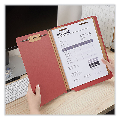 Universal Red Pressboard End Tab Classification Folders, 2" Expansion, 2 Dividers, 6 Fasteners, Letter Size, Red Exterior, 10/Box (UNV10315)