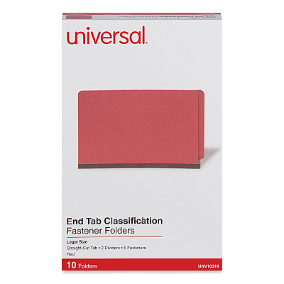 Universal Red Pressboard End Tab Classification Folders, 2" Expansion, 2 Dividers, 6 Fasteners, Legal Size, Red Exterior, 10/Box (UNV10316)